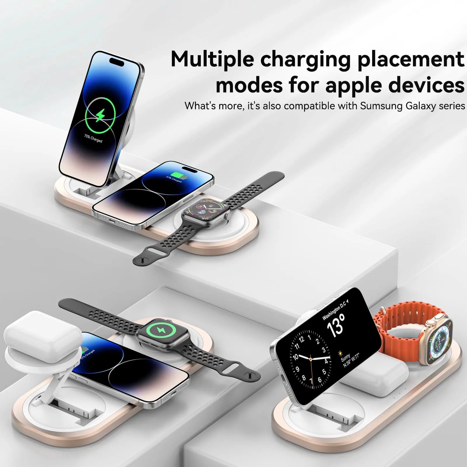 3 in 1 Wireless Charger for iPhone, Foldable Charging Station for Magsafe for iPhone 16/15/14/13/12/Pro Max/Pro/Mini/Plus, Apple Watch 10/9/8/7/SE/6/5/4/3/2/1/Ultra2/Ultra, AirPods pro/2/3/4 (Golden)