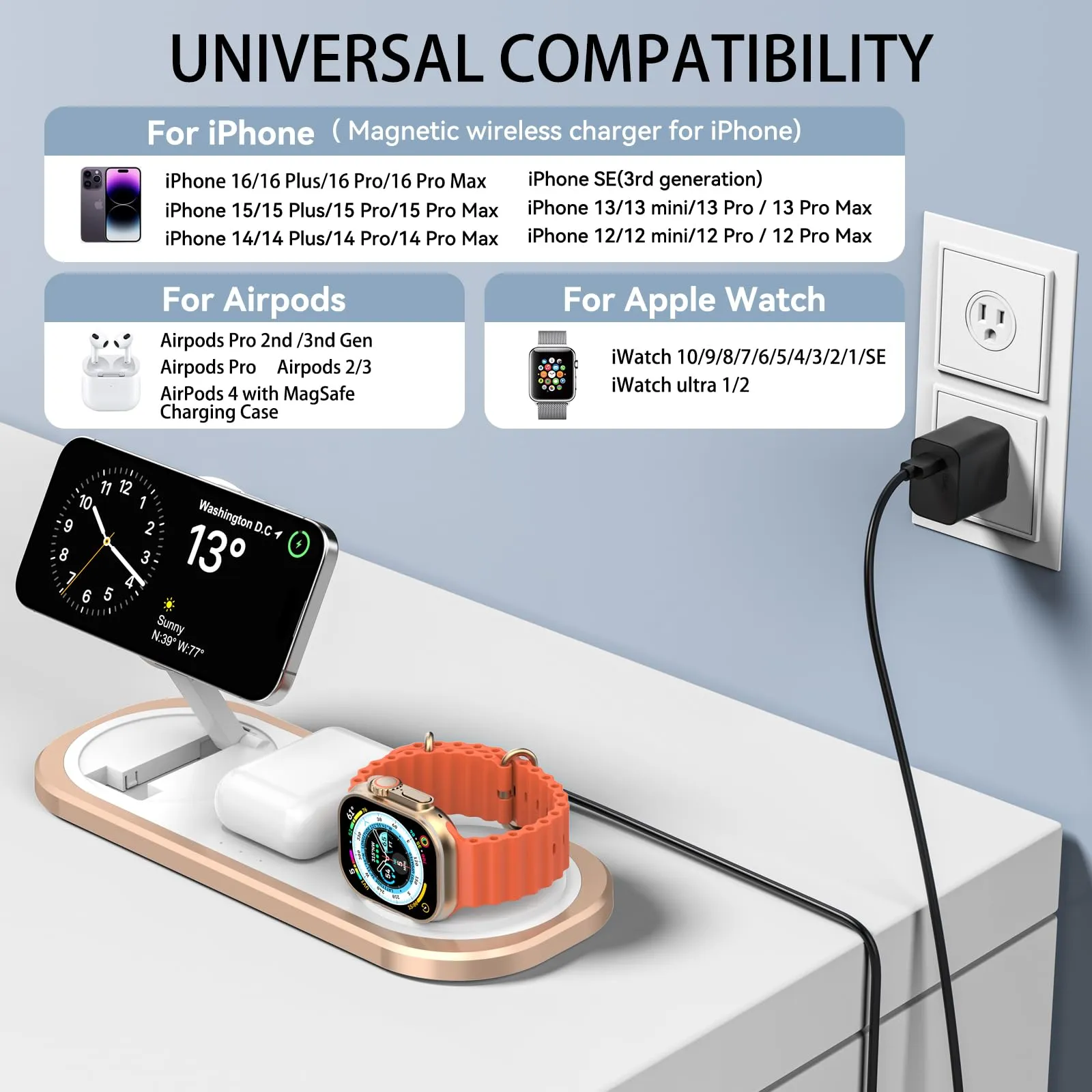 3 in 1 Wireless Charger for iPhone, Foldable Charging Station for Magsafe for iPhone 16/15/14/13/12/Pro Max/Pro/Mini/Plus, Apple Watch 10/9/8/7/SE/6/5/4/3/2/1/Ultra2/Ultra, AirPods pro/2/3/4 (Golden)