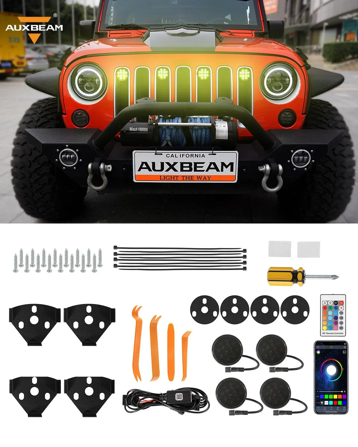 (4pcs/set) RGBW Neon LED Front Grille Lights with Wireless RF Remote Controller, Smartphone Bluetooth Controlled APP Compatible for 2007-2017 Wrangler JK