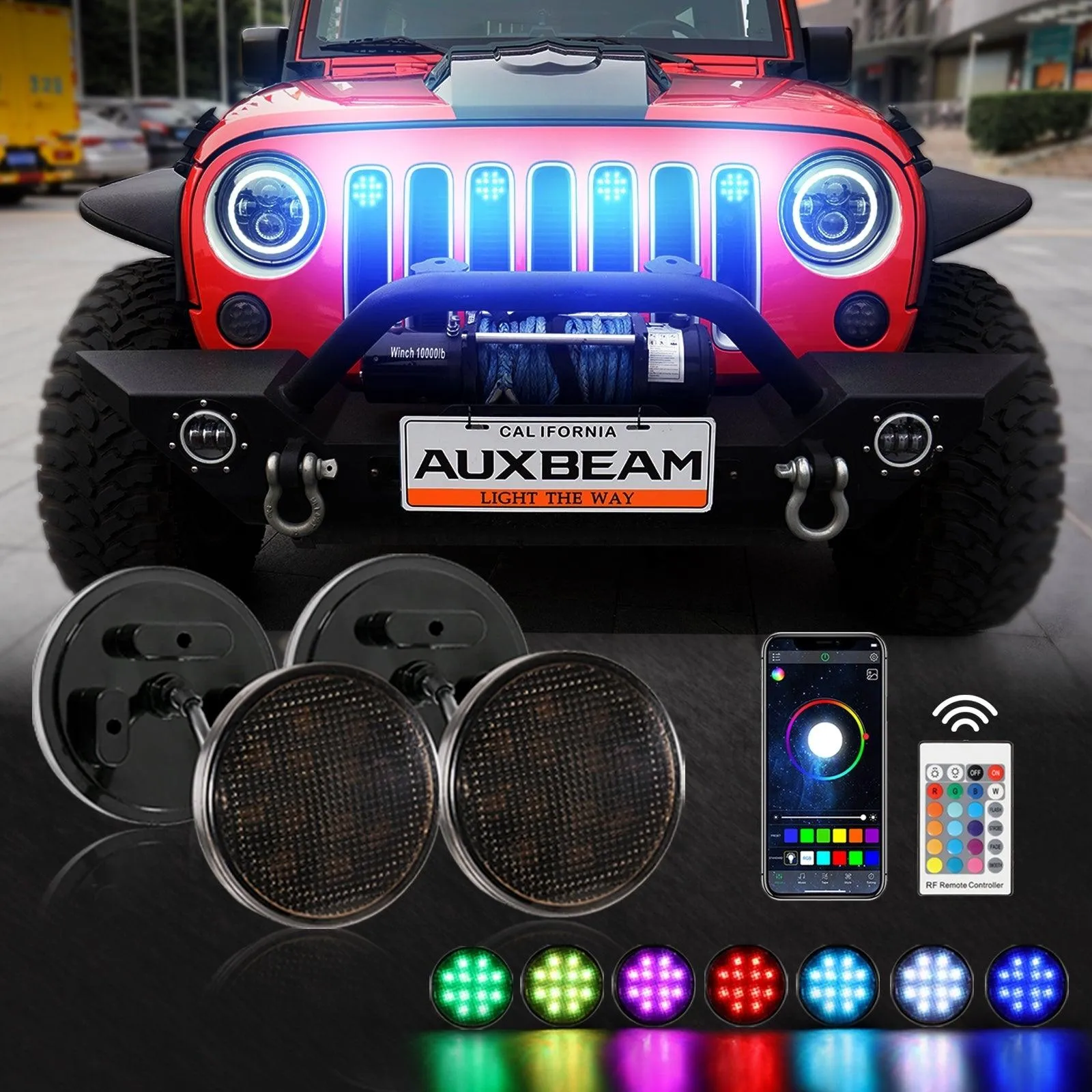 (4pcs/set) RGBW Neon LED Front Grille Lights with Wireless RF Remote Controller, Smartphone Bluetooth Controlled APP Compatible for 2007-2017 Wrangler JK