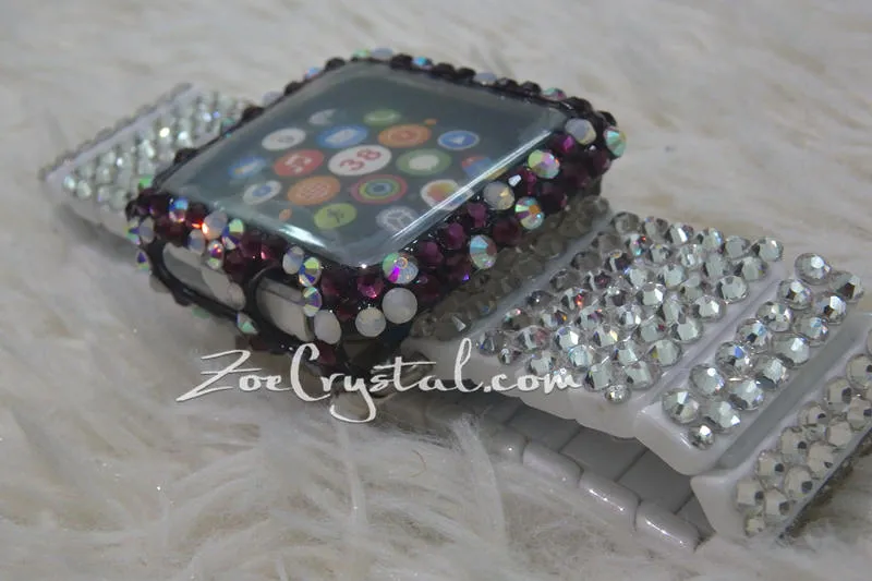 Bling Apple Watch Purple Mixed Ab opal  Crystal Case/Protector/Cover with a White Swarovski iWatch Band/Strap