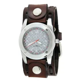 Carbon Fiber Silver Watch with Perforated Dark Brown Leather Cuff