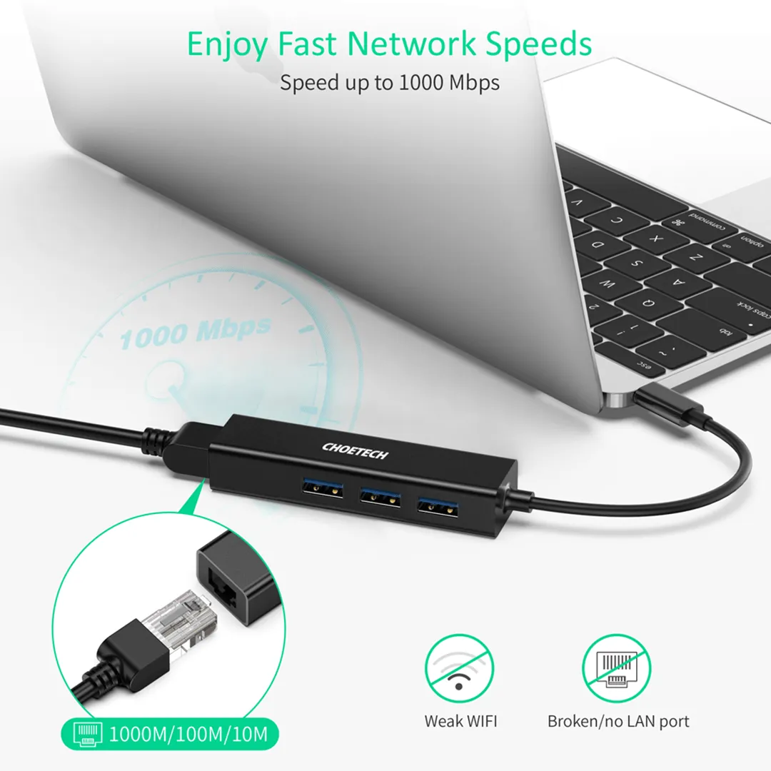 CHOETECH 4-In-1 USB-C to RJ45 Adapter