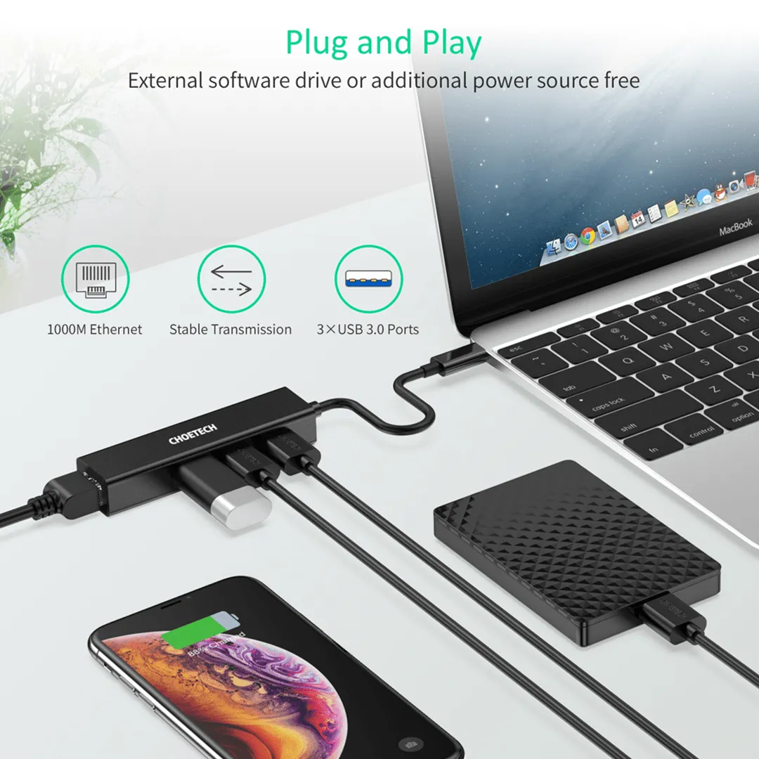 CHOETECH 4-In-1 USB-C to RJ45 Adapter