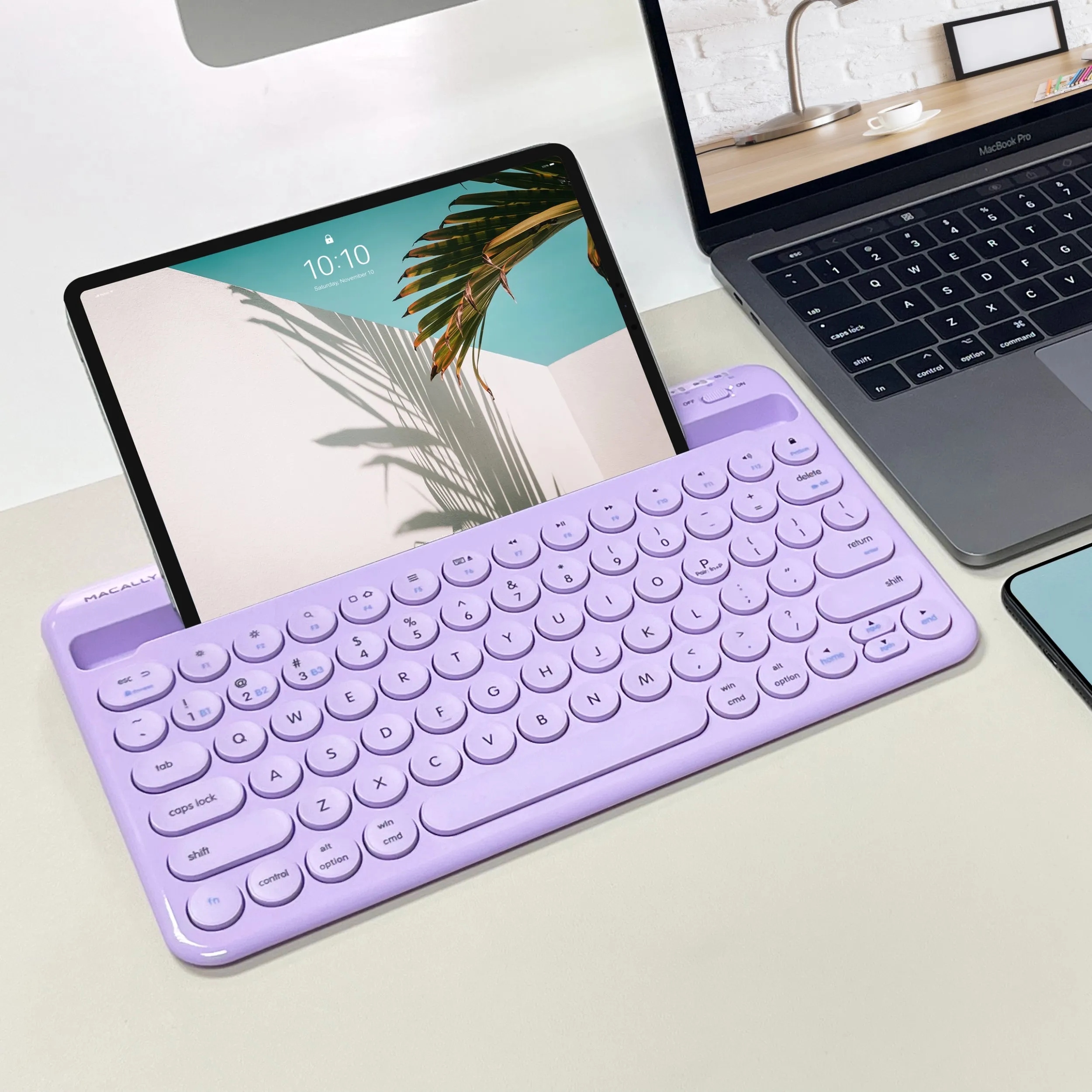 Compact Bluetooth Keyboard for Mac with iPhone or iPad Holder (Purple)