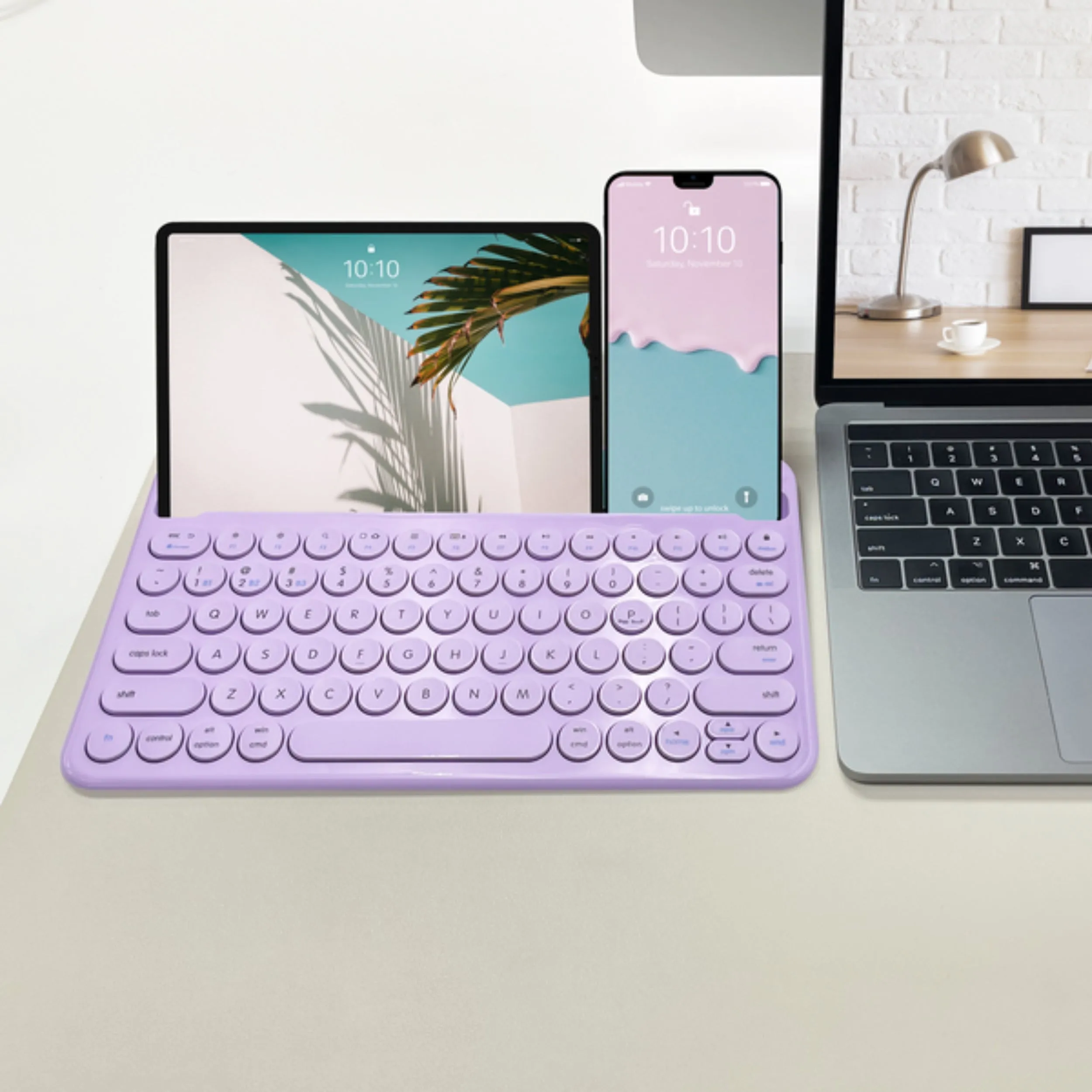 Compact Bluetooth Keyboard for Mac with iPhone or iPad Holder (Purple)