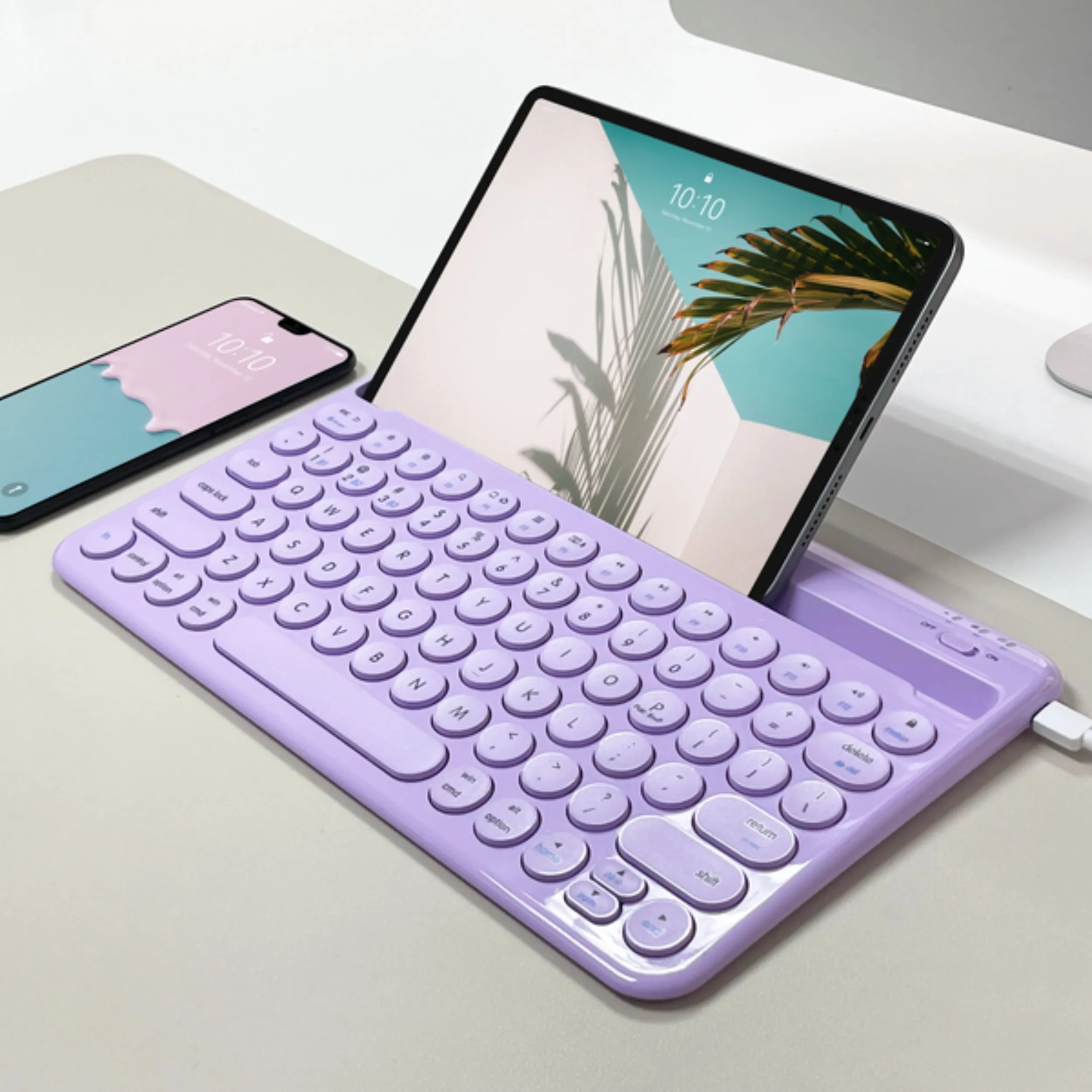 Compact Bluetooth Keyboard for Mac with iPhone or iPad Holder (Purple)