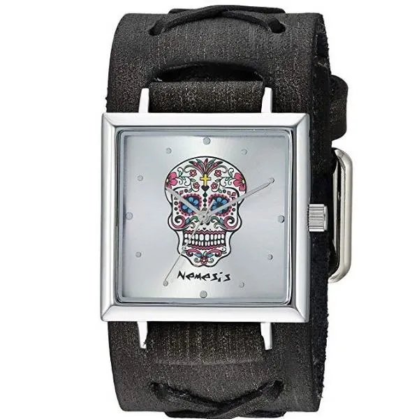 Day of The Dead Skull Gradient Silver Watch with X Distressed Black Leather Cuff FXB955S