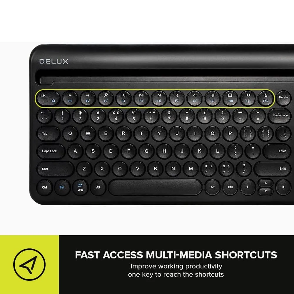 Delux K2212V 2 Zone Universal Wireless Bluetooth Keyboard Rechargeable with Integrated Stand Cradle, 100 Keys, Scissors Keycaps for Windows/ISO/Android