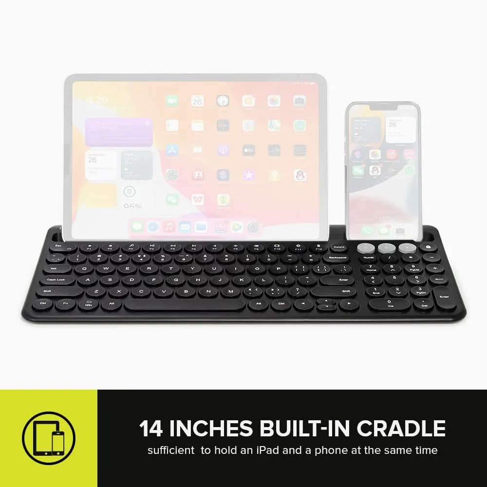 Delux K2212V 2 Zone Universal Wireless Bluetooth Keyboard Rechargeable with Integrated Stand Cradle, 100 Keys, Scissors Keycaps for Windows/ISO/Android