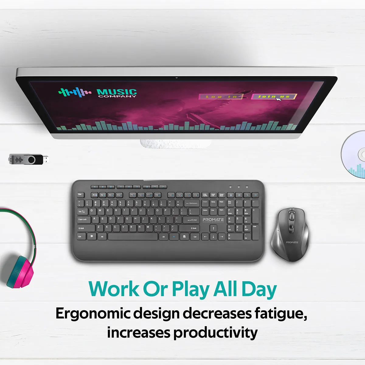 Ergonomic Full-Size Wireless Keyboard & Mouse Combo with Palm Rest