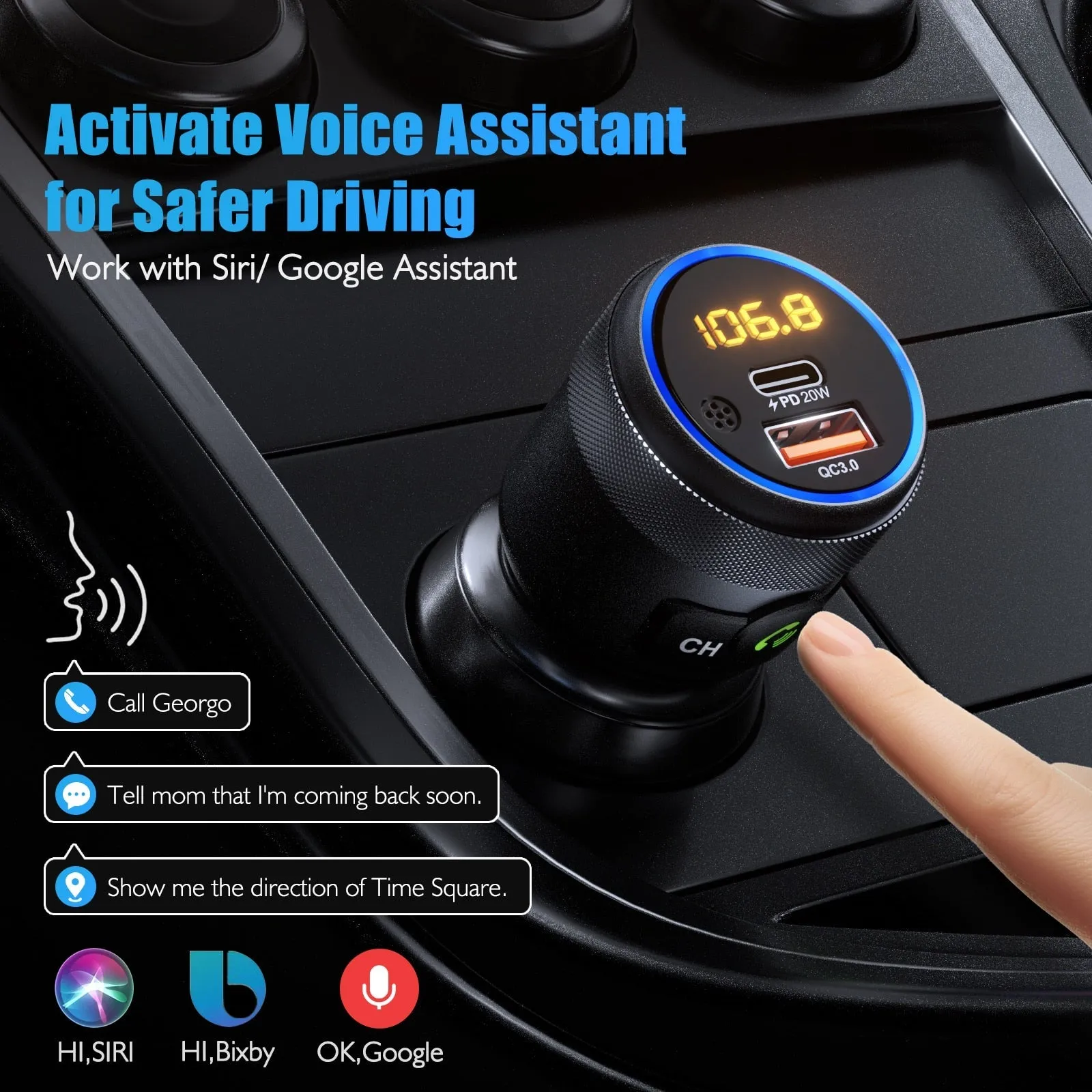 FM Transmitter Modulator Car Bluetooth - 5.1 with Type C PD 20W and QC3.0 18W Car Fast Charger