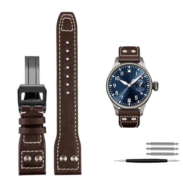 Genuine Leather Rivets Watchband For Big Pilot Watch