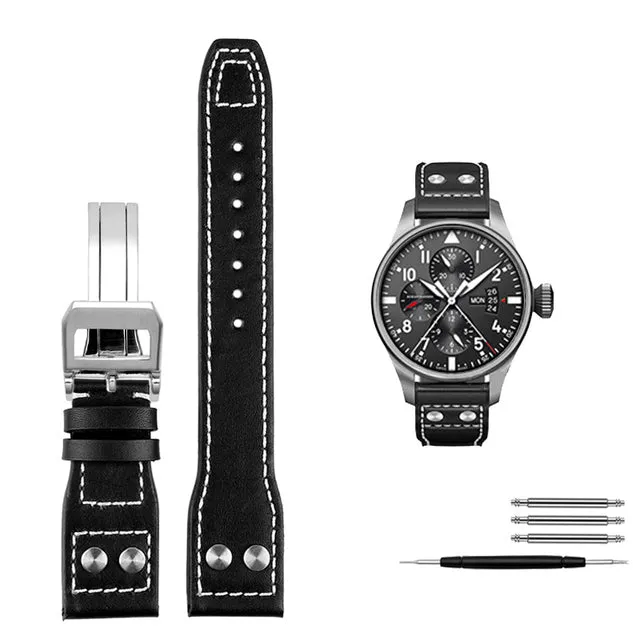 Genuine Leather Rivets Watchband For Big Pilot Watch