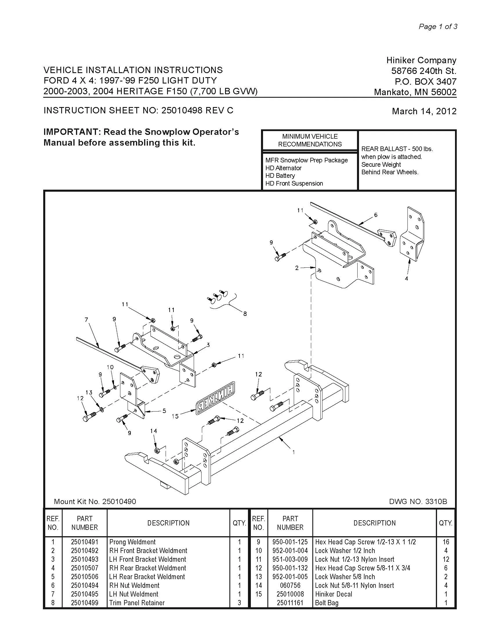 Hiniker Snowplow Mount - Quick Hitch 1 (QH1), 1997-1999 Ford F250 LD, 2000-2003 Ford F150,   25010490