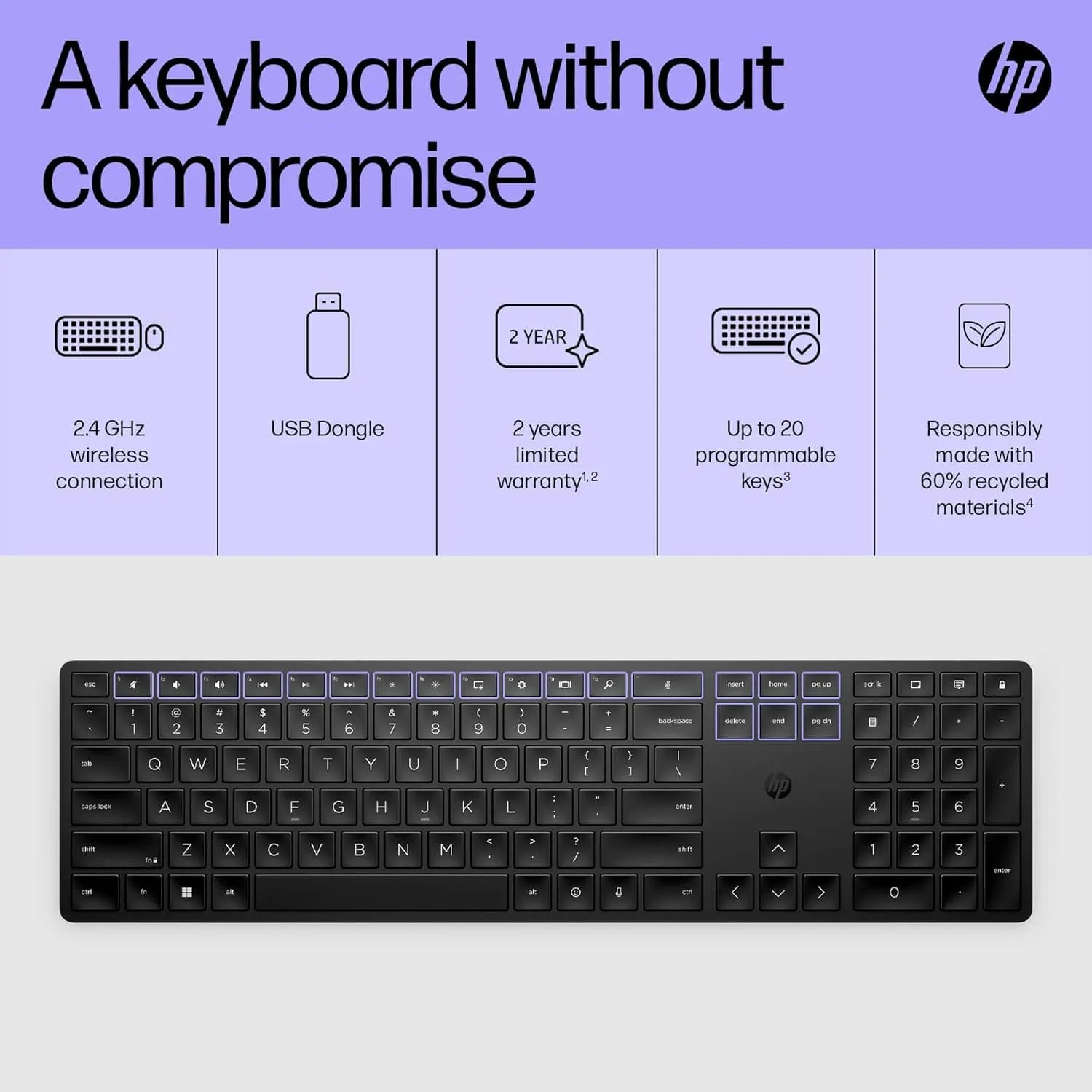 HP 450 Programmable Wireless Keyboard with 20  Programmable Keys, Adjustable Incline, 20  month Battery Life, made from 60% Recycled Materials