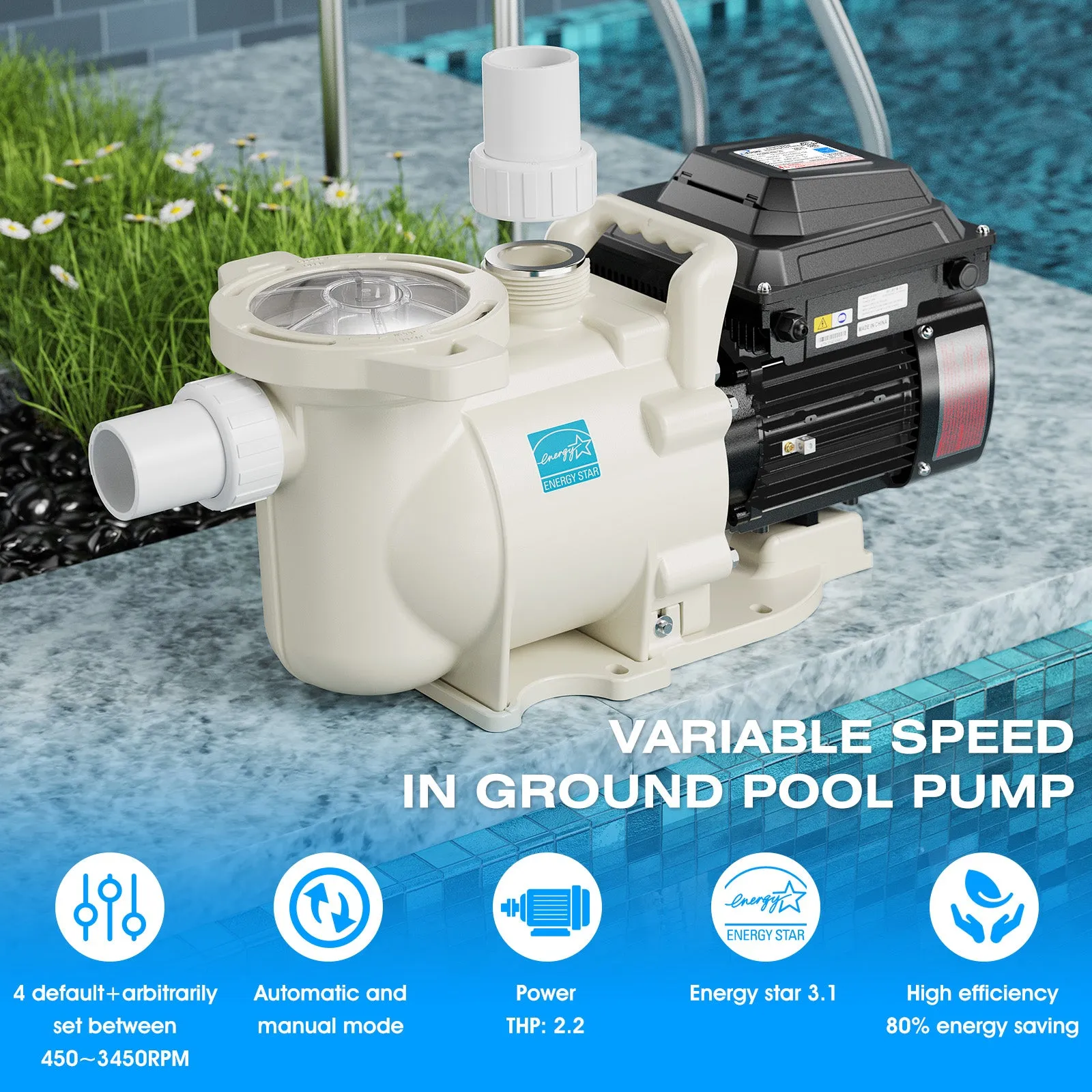 ILG8PP220-VS - iLiving Variable Speed Above Ground Swimming Pool Pump, 2.2HP