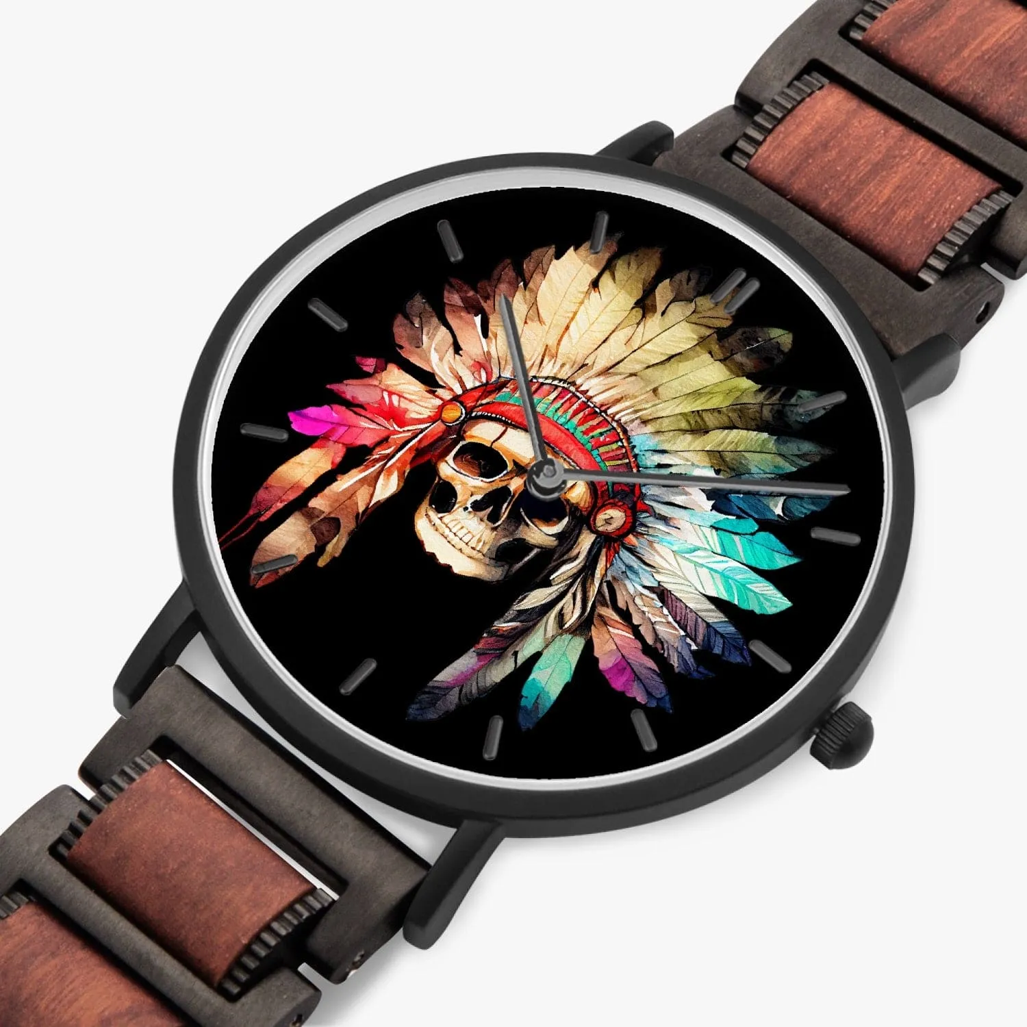 Indian Skull Wooden Strap Quartz Watch - With Indicators