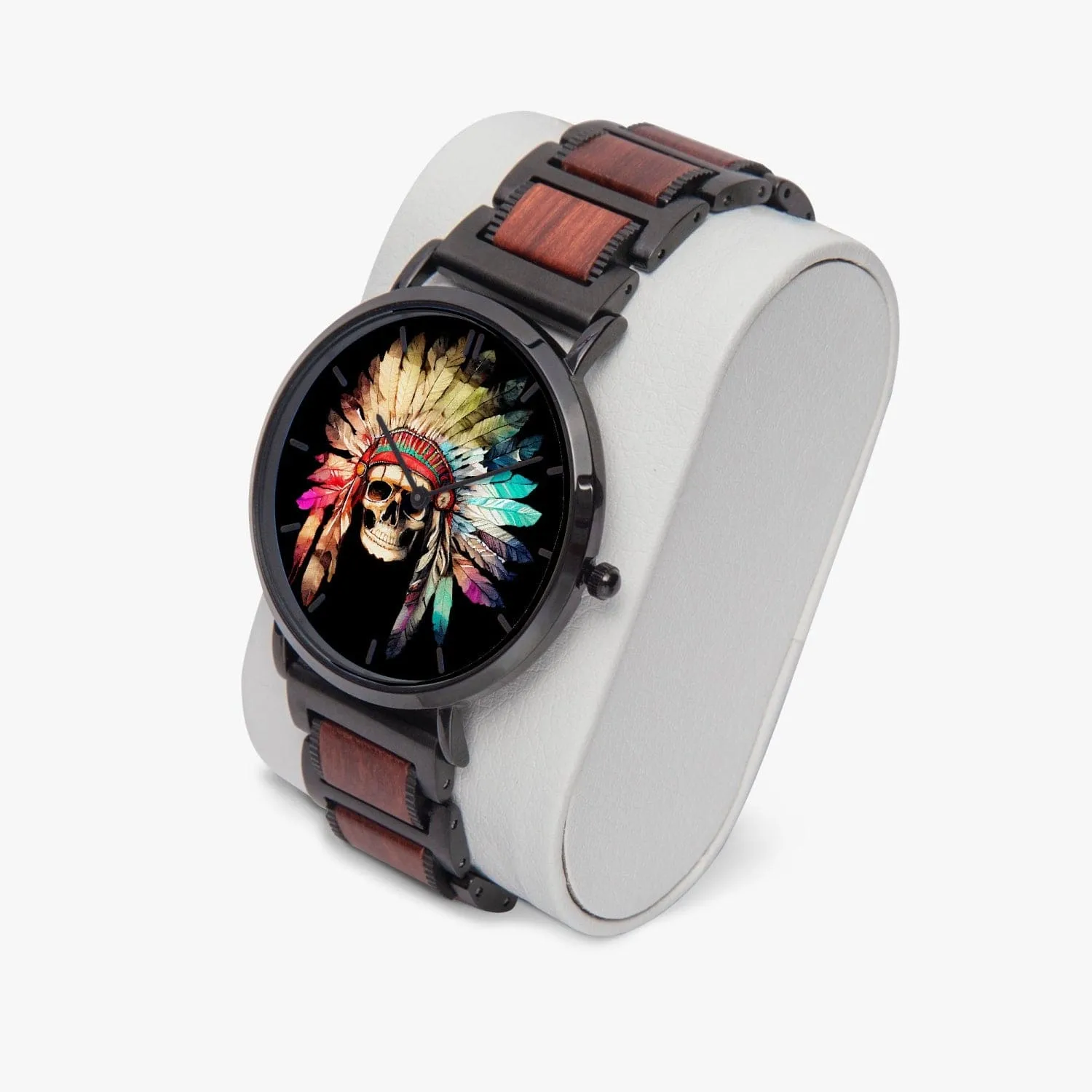 Indian Skull Wooden Strap Quartz Watch - With Indicators