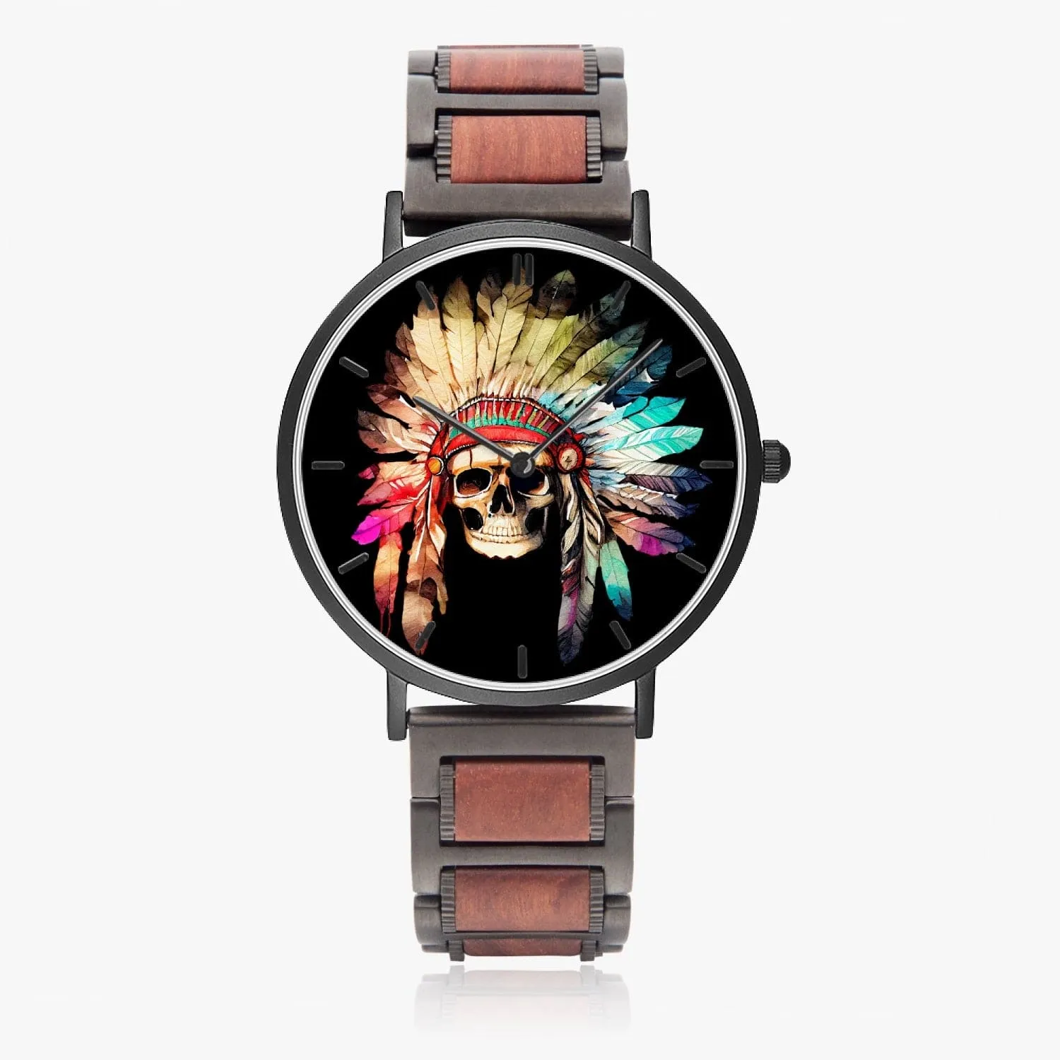 Indian Skull Wooden Strap Quartz Watch - With Indicators