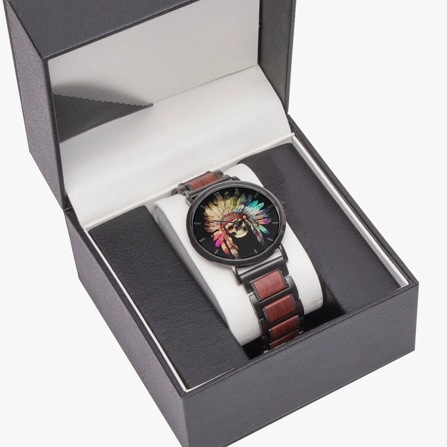 Indian Skull Wooden Strap Quartz Watch - With Indicators