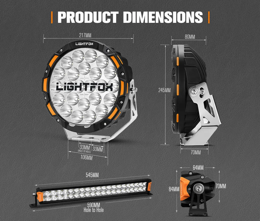 LIGHTFOX OSRAM 9inch LED Driving Lights   20 inch Dual Row LED Light Bar   Wiring Kit