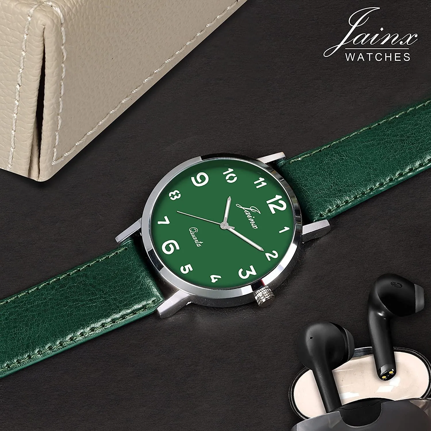 Men's Green Leather Strap Analogue Watch - Jainx JM7142