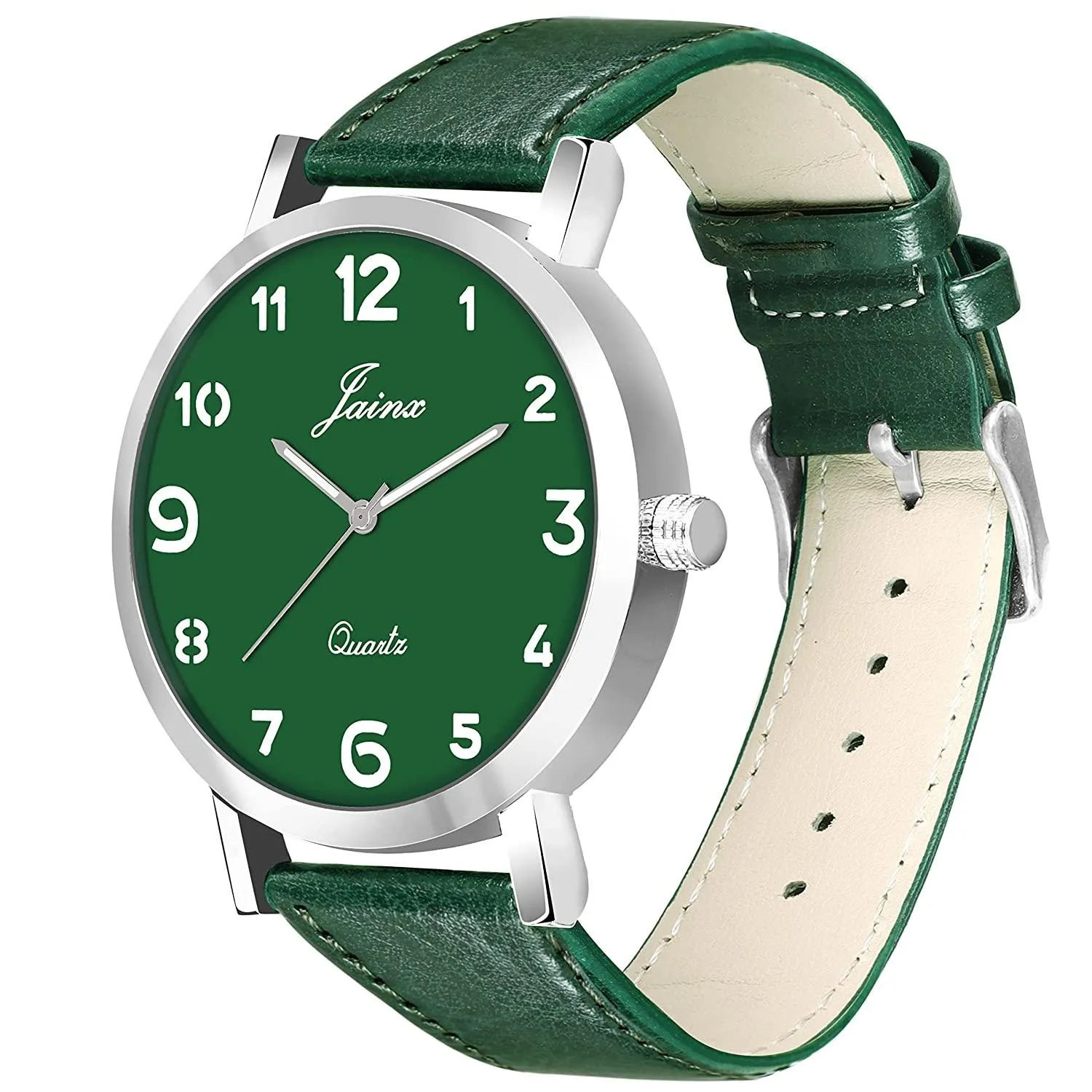 Men's Green Leather Strap Analogue Watch - Jainx JM7142