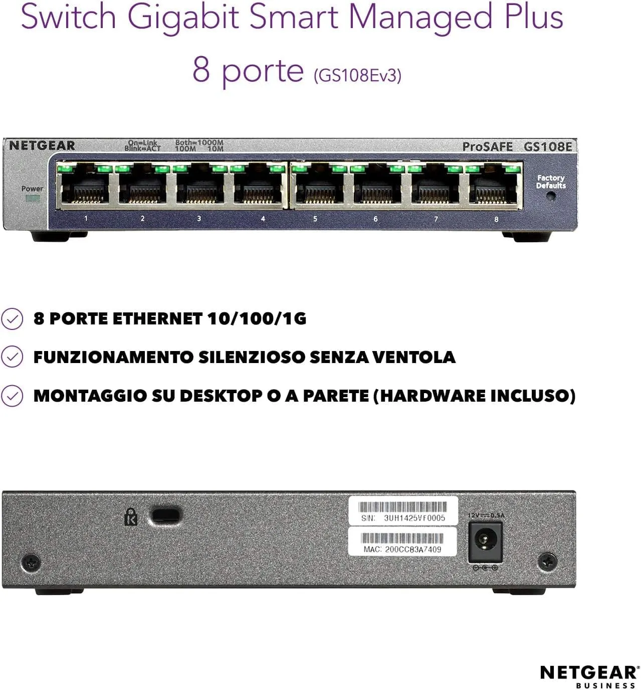 NETGEAR GS108E 8-Port Ethernet Plus Switch, Gigabit Switch with Desktop or Wall Mounting Options and Limited Lifetime Support