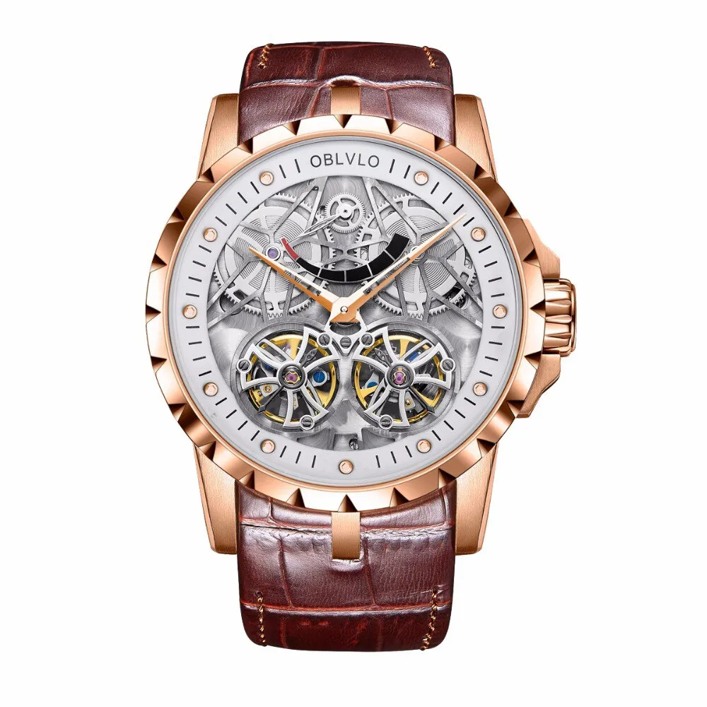 OBLVLO Luxury Transparent Hollow Men Skeleton Automatic Watches Sport Mechanical Double Flywheel Calfskin Leather Sapphire RM-E