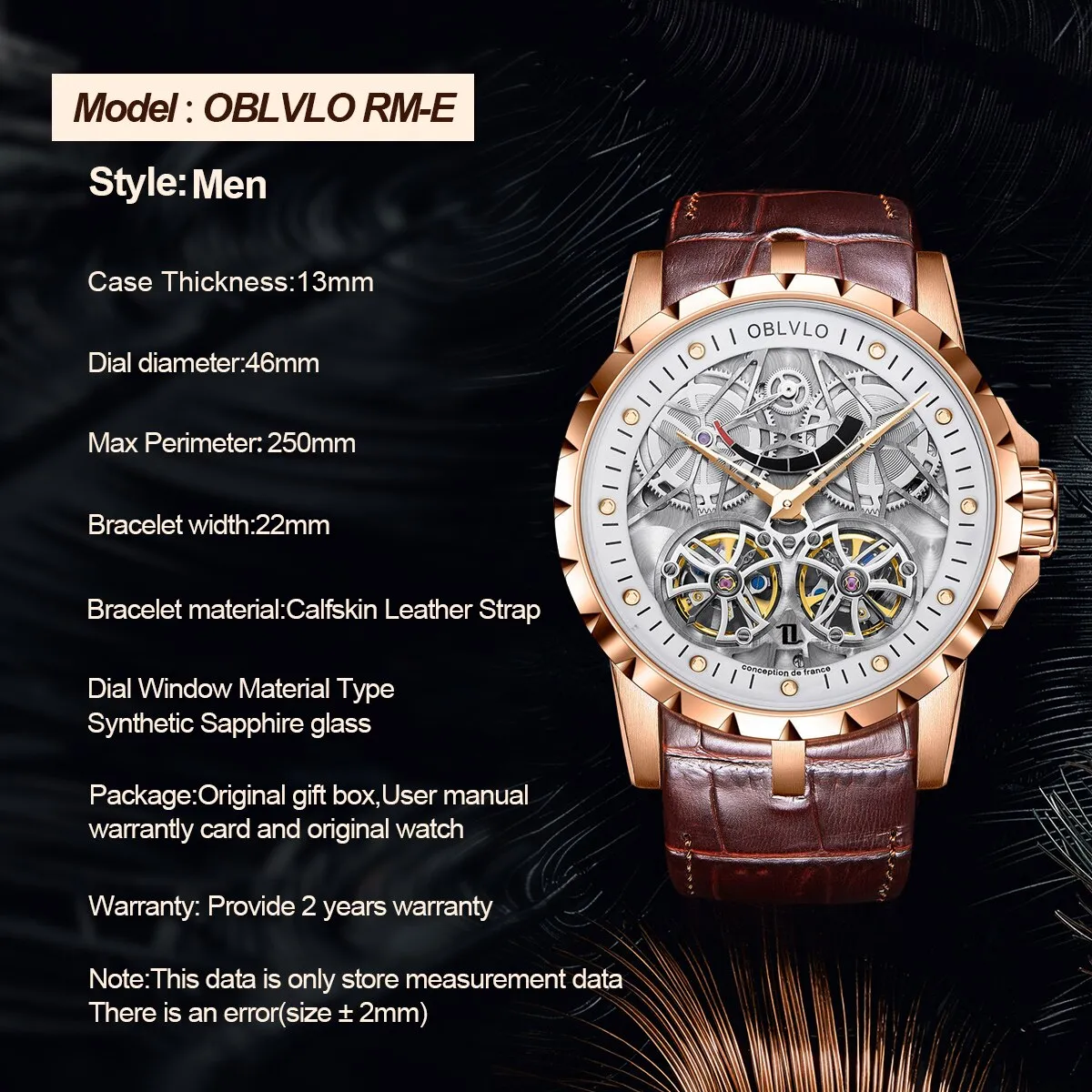 OBLVLO Luxury Transparent Hollow Men Skeleton Automatic Watches Sport Mechanical Double Flywheel Calfskin Leather Sapphire RM-E