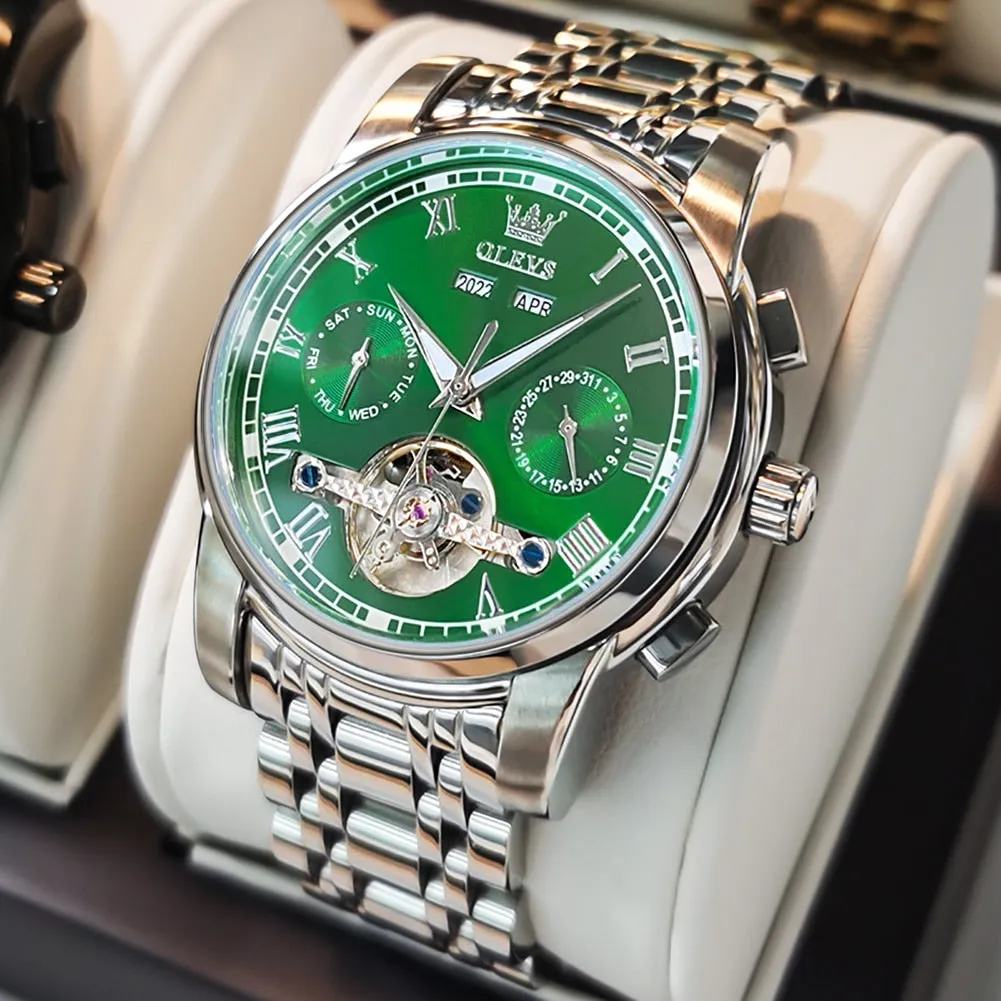 OLEVS Automatic Mechanical Men Watches Stainless Steel Waterproof Date Week Green Fashion Classic Wrist Watches Reloj Hombre