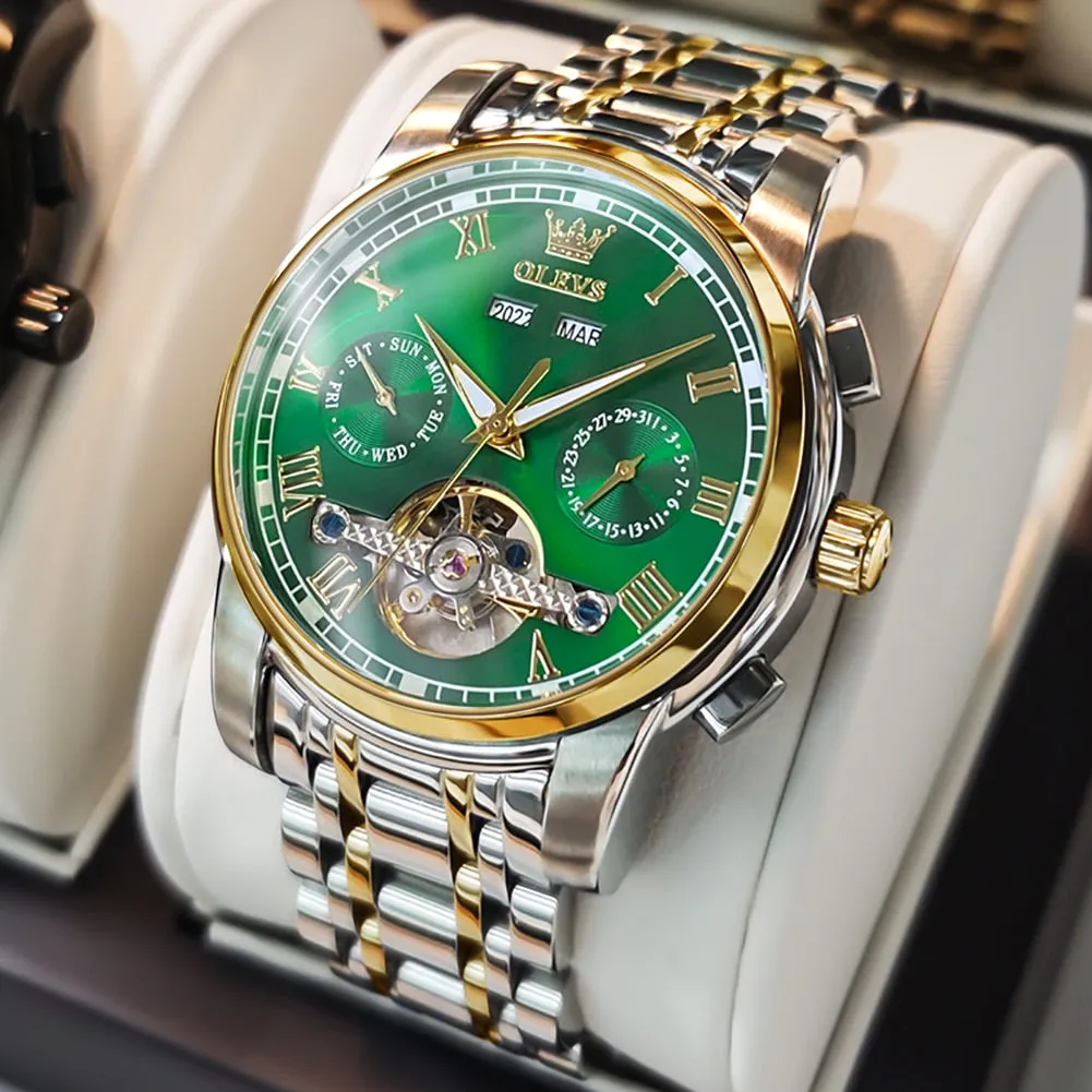 OLEVS Automatic Mechanical Men Watches Stainless Steel Waterproof Date Week Green Fashion Classic Wrist Watches Reloj Hombre