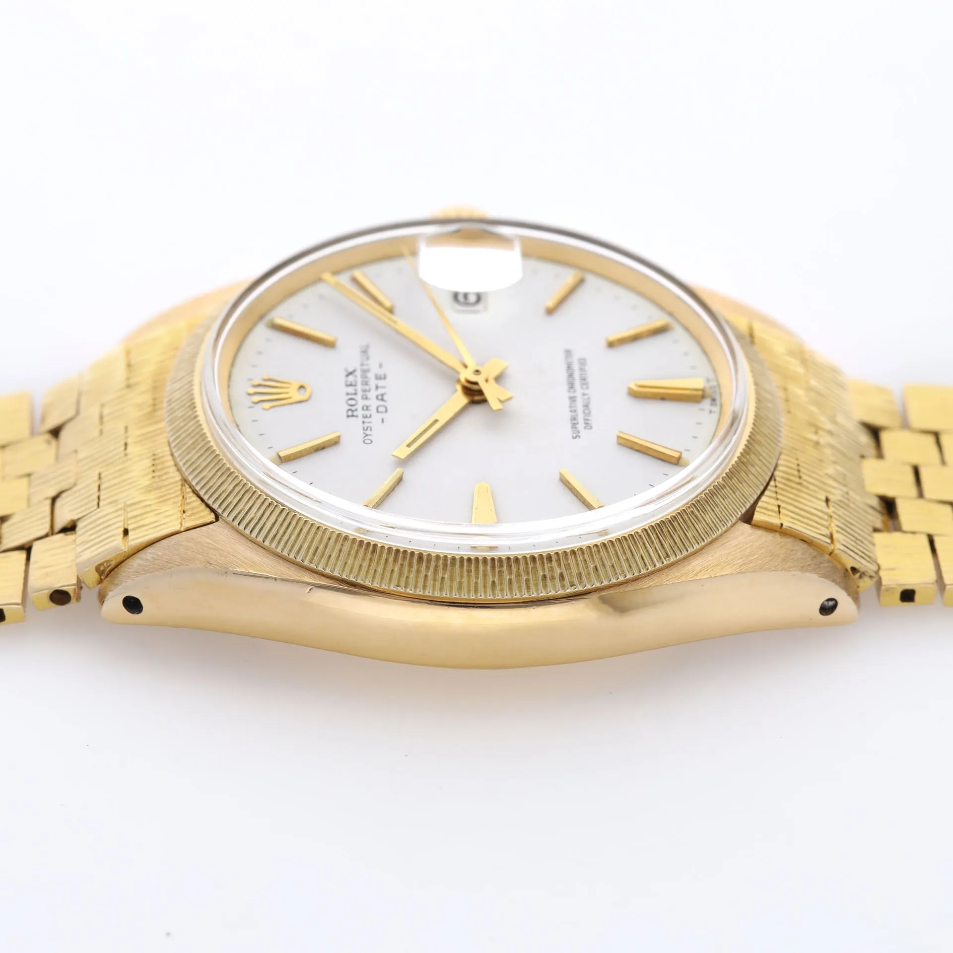 Rolex Date 1507 Bark Yellow Gold Rare Bezel and Brick Link Bracelet