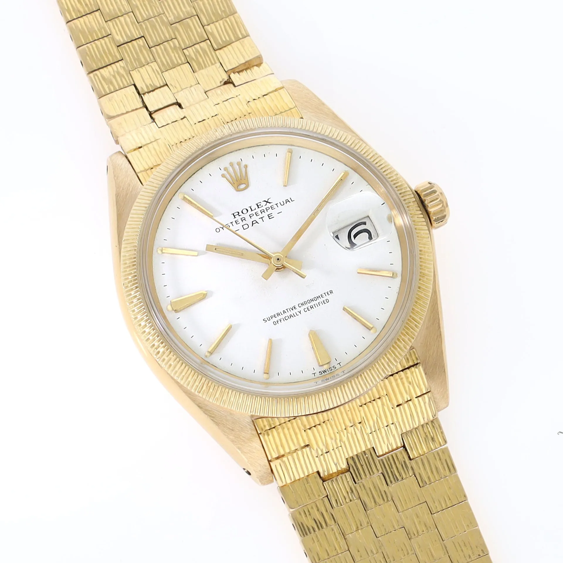 Rolex Date 1507 Bark Yellow Gold Rare Bezel and Brick Link Bracelet