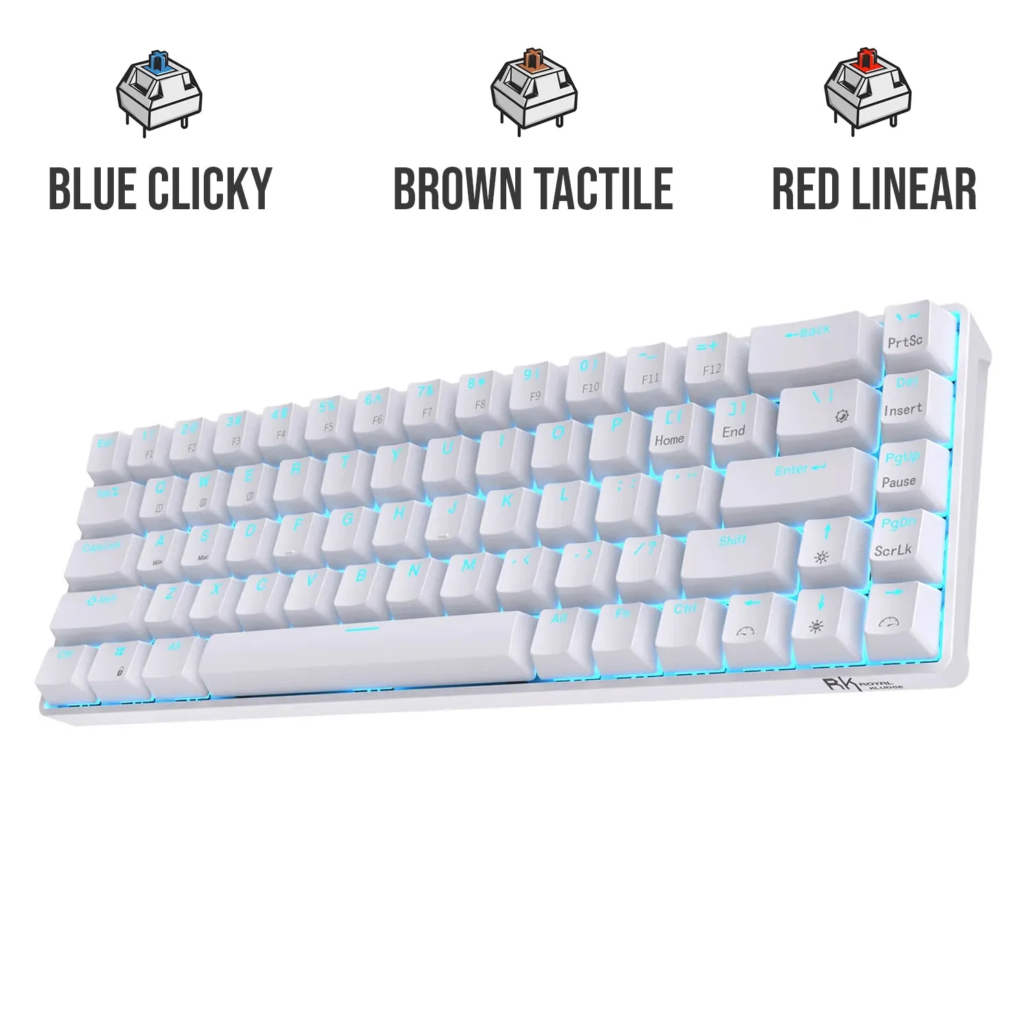 Royal Kludge RK RKG68 68 Keys Mechanical Gaming Keyboard 2.4G Wireless Hot Swappable TKL with Bluetooth 5.0 (White, Black) (Blue Clicky, Red Linear, Brown Tactile Switch)