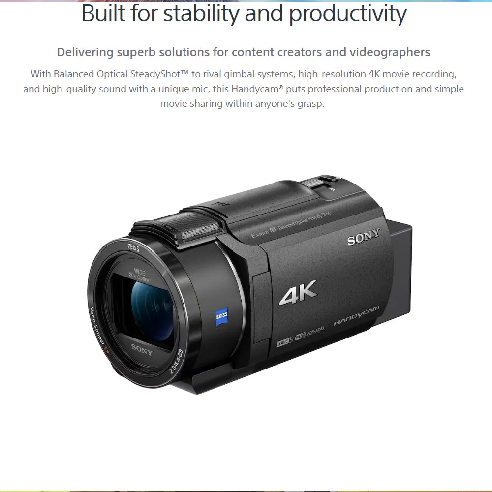 Sony FDR-AX43A Handycam Camcorder with 26.8mm Zeiss Vario-Sonnar T Zoom Lens, CMOS Sensor, UHD 4K 24/30p & 16.6MP Stills, Built-In Gimbal, Optical Stabilization, Fast Intelligent AF with Tracking, 3" LCD Flip-Out & Tilting Touchscreen