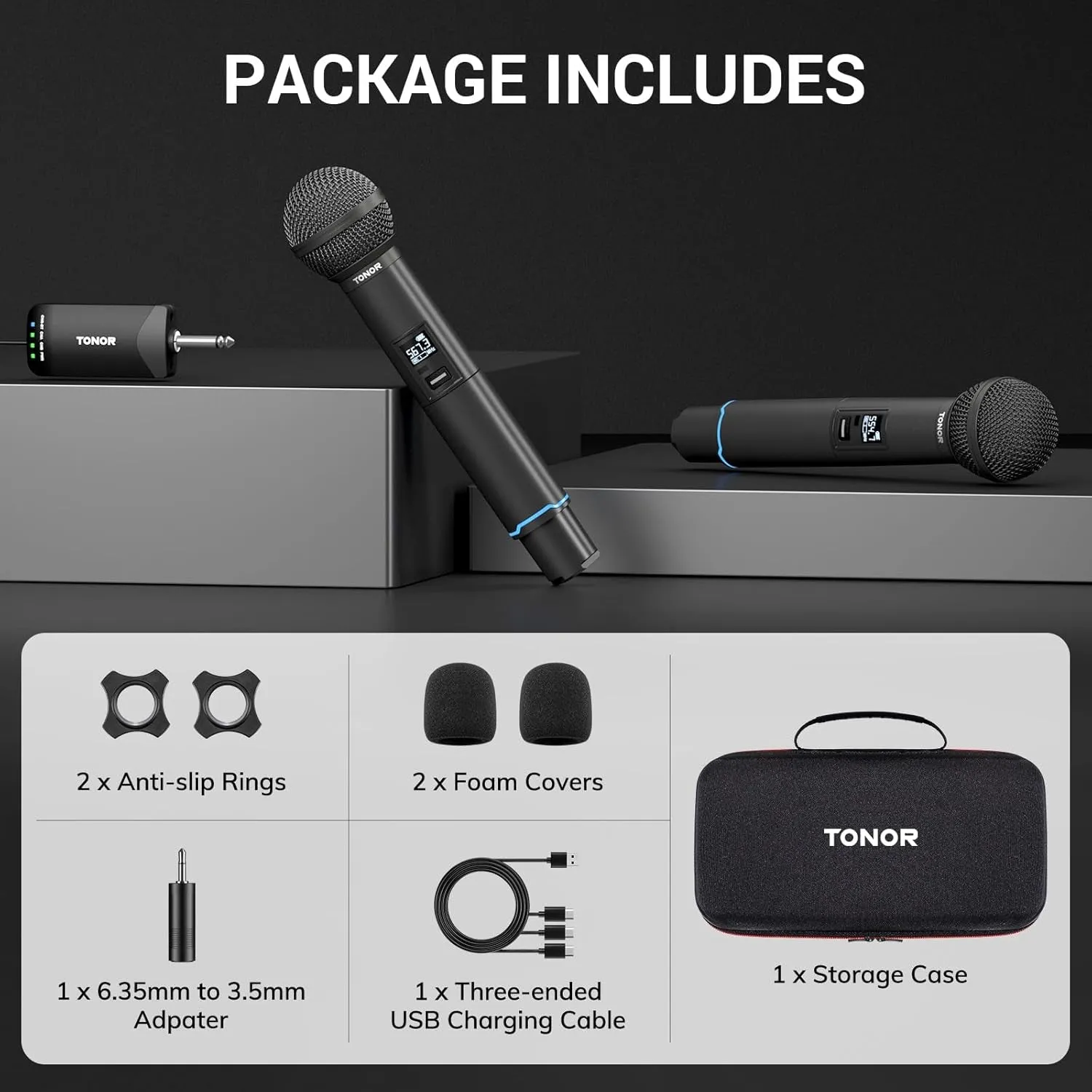 TW720 Wireless Microphones, Recargable Handheld Dynamic Mic, Auto-Pair Bluetooth Input Receiver, 2x25 UHF Frequencies, Click to Mute, 100m Range for Singing, Speech, Wedding, Church