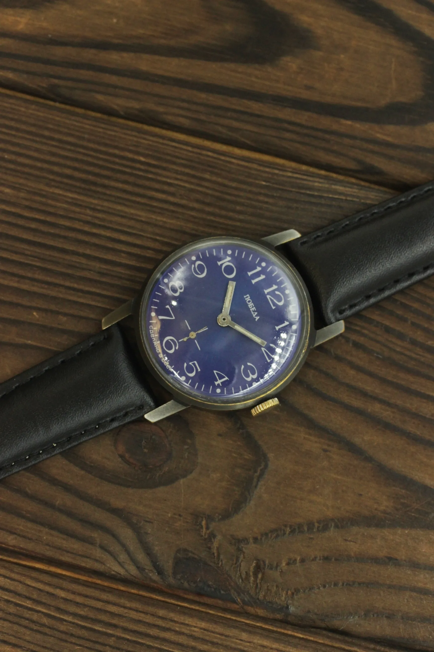 Vintage ZIM Pobeda 2602 blue dial Soviet mechanical men's casual watch, black brass case