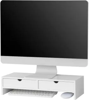 White Monitor Stand Desk Organizer with 2 Drawers