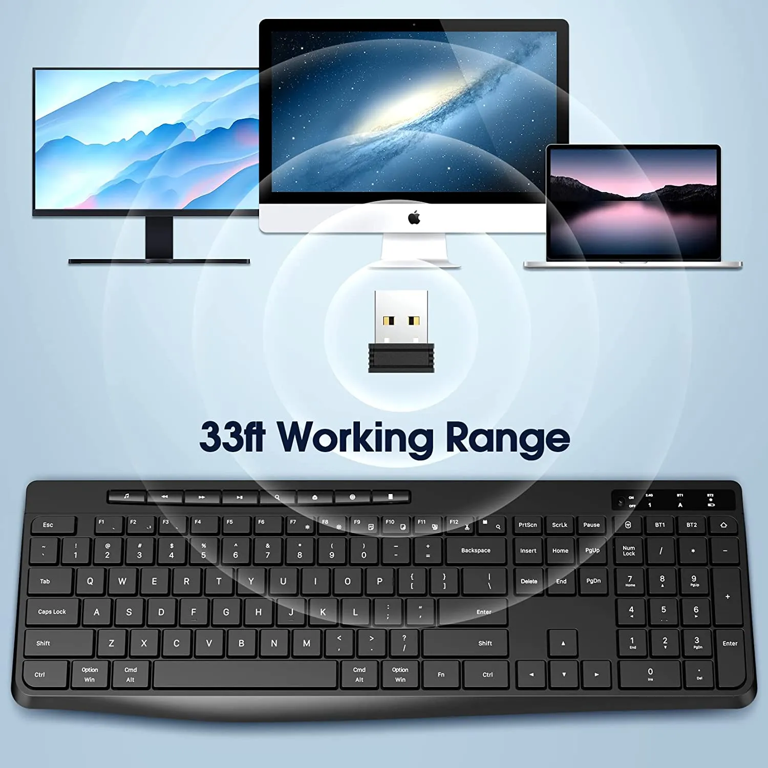 Wireless Keyboard Multi-Device,  2.4G & Dual Bluetooth Computer Keyboard