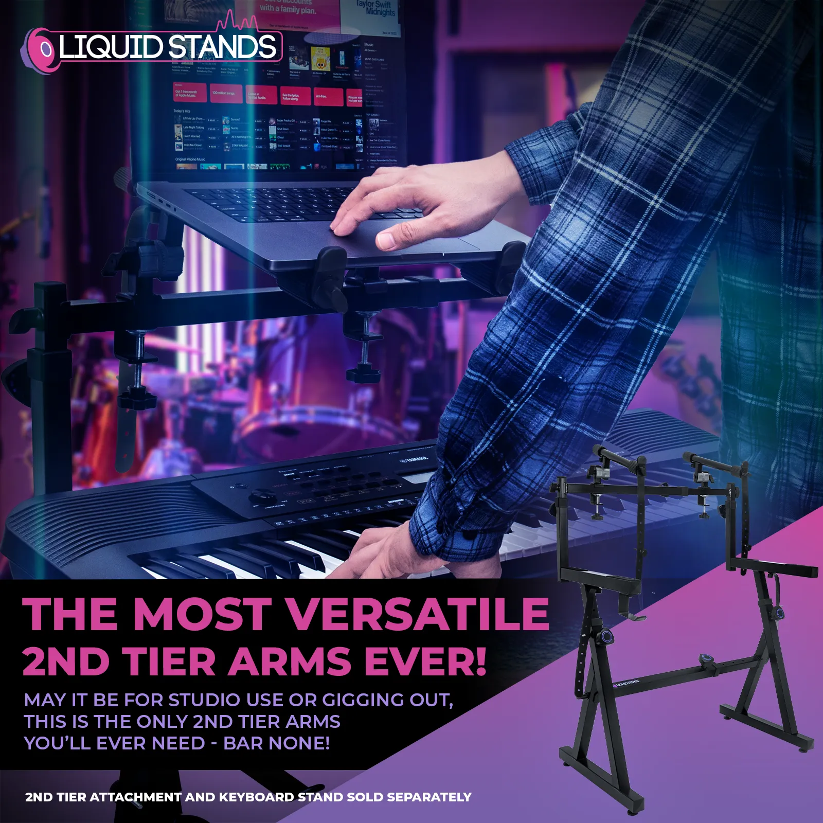 WS Adjustable 2-Tier Keyboard Stand Extender - Arms Only with Straps