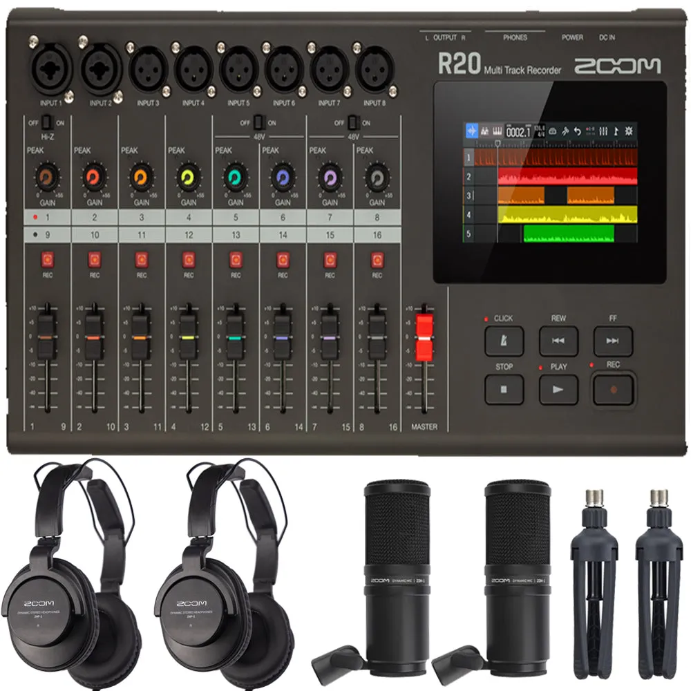 Zoom R20 Portable Multitrack Recorder    Zoom ZDM-1 Podcast Mic Pack Accessory Bundle